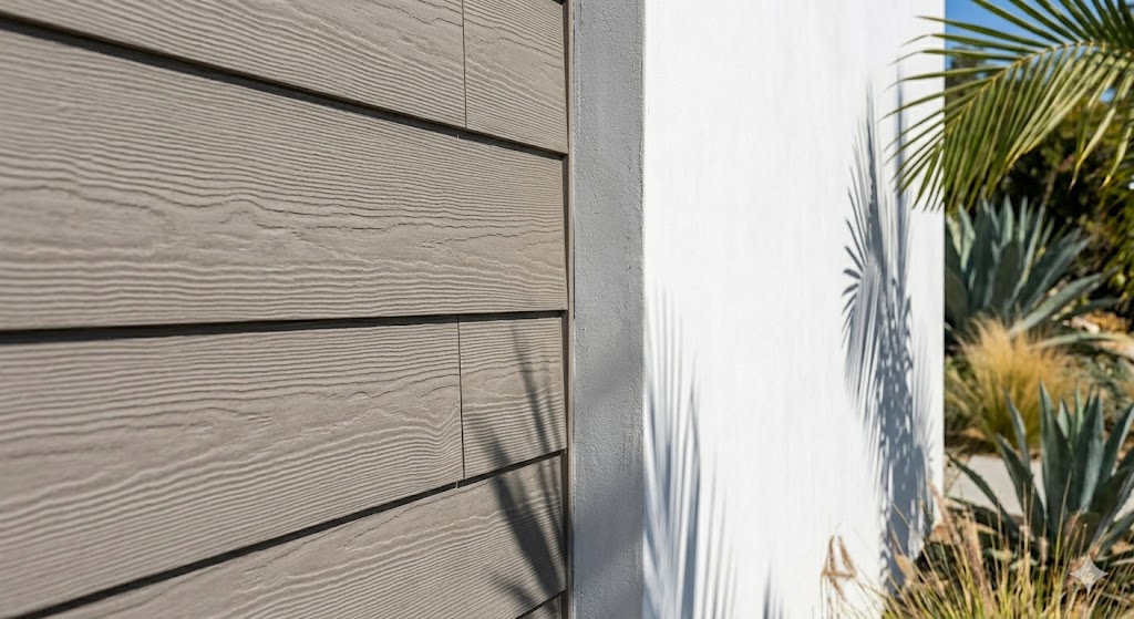 Close-up of gray wood-textured siding meeting modern white stucco cladding.